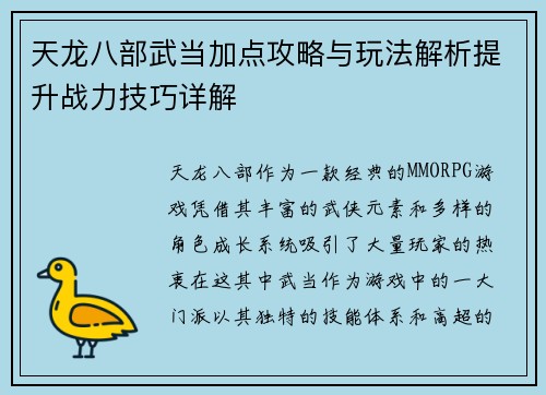 天龙八部武当加点攻略与玩法解析提升战力技巧详解