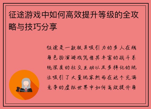 征途游戏中如何高效提升等级的全攻略与技巧分享