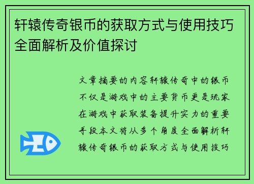 轩辕传奇银币的获取方式与使用技巧全面解析及价值探讨