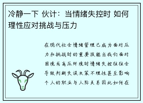 冷静一下 伙计：当情绪失控时 如何理性应对挑战与压力
